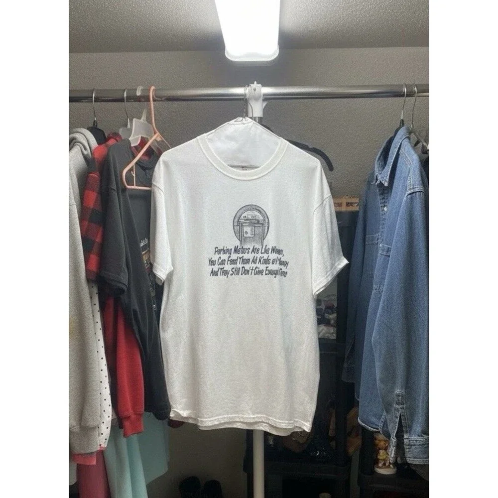 Hanes Sz L Funny Parking Meter Graphic T Shirt White 100% Cotton Humor T-shirt